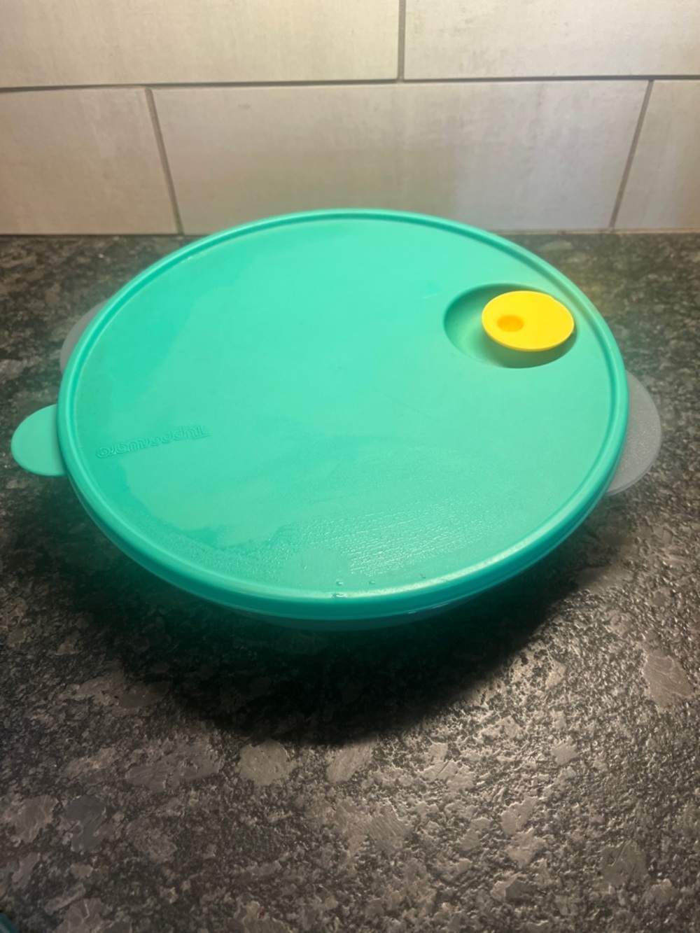 Teal Microwave Plate Cover with Yellow Vent divided bowl